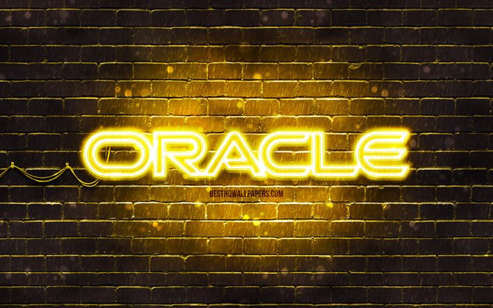 Oracle yellow logo, 4k, yellow brickwall, Oracle logo, brands, Oracle neon logo, Oracle