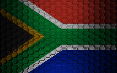 South Africa flag, 3d hexagons texture, South Africa, 3d texture, South Africa 3d flag, metal texture, flag of South Africa