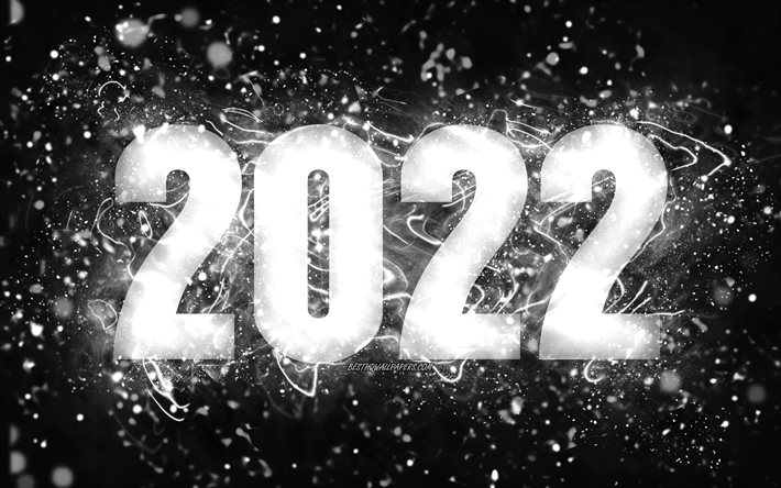 4k, Happy New Year 2022, white neon lights, 2022 concepts, 2022 new year, 2022 on black background, 2022 year digits, 2022 white digits