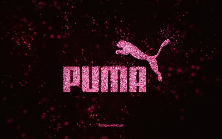 puma-glitter-logo, 4k, schwarzer hintergrund, puma-logo, rosa glitzer-kunst, puma, kreative kunst, puma rosa glitzer-logo