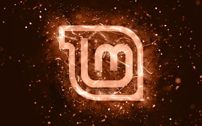Linux Mint Mate brown logo, 4k, brown neon lights, Linux, creative, blue abstract background, Linux Mint Mate logo, OS, Linux Mint Mate