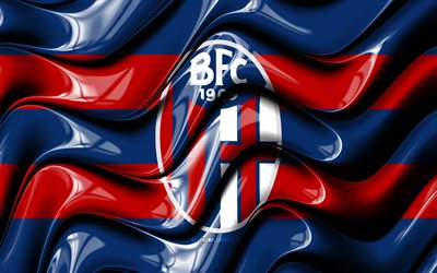 ボローニャFC旗, 4k, 赤と青の3D波, セリエA, イタリアのサッカークラブ, フットボール。, ボローニャのロゴ, サッカー, ボローニャFC