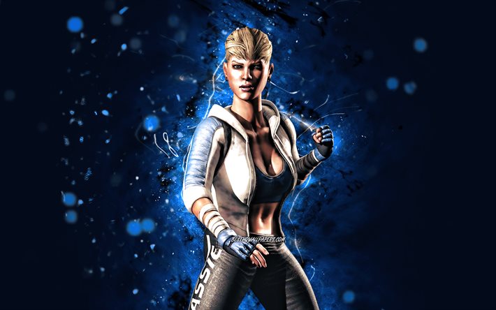 Cassie Cage, 4k, mavi neon ışıkları, Mortal Kombat Mobile, d&#246;v&#252;ş oyunları, MK Mobile, yaratıcı, Mortal Kombat, Cassie Cage Mortal Kombat
