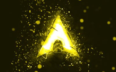 Logo Manjaro giallo, 4k, luci al neon gialle, Linux, creativo, sfondo astratto giallo, logo Manjaro, OS, Manjaro