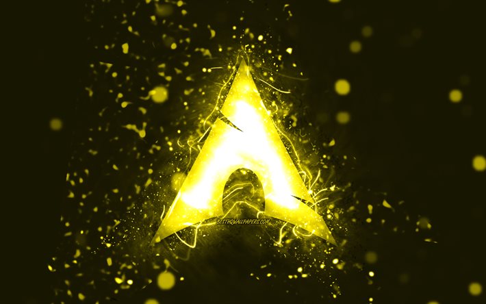 Logo Manjaro giallo, 4k, luci al neon gialle, Linux, creativo, sfondo astratto giallo, logo Manjaro, OS, Manjaro