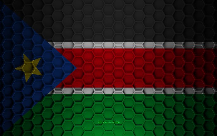 s&#252;dsudan-flagge, 3d-sechsecke textur, s&#252;dsudan, 3d-textur, s&#252;dsudan 3d-flagge, metallstruktur, flagge des s&#252;dsudan