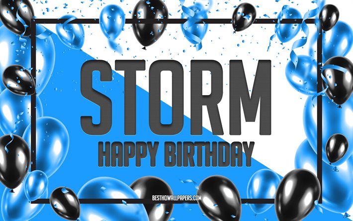 お誕生日おめでとう嵐, 誕生日バルーンの背景, 嵐, 名前の壁紙, 嵐お誕生日おめでとう, 青い風船の誕生日の背景, 嵐の誕生日
