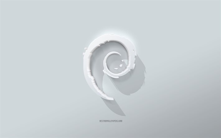 Debians logotyp, vit bakgrund, Debian 3d -logotyp, 3d -konst, Debian, 3d Debian -emblem