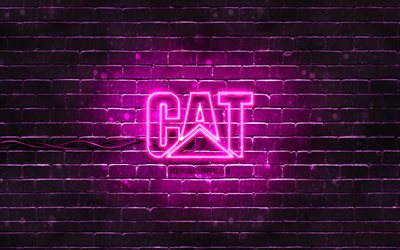 Caterpillar purple logo, 4k, CAT, purple brickwall, Caterpillar logo, brands, Caterpillar neon logo, Caterpillar, CAT logo