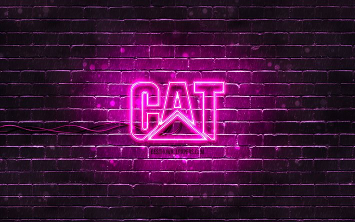 Logo violet Caterpillar, 4k, CAT, mur de briques violet, logo Caterpillar, marques, logo n&#233;on Caterpillar, Caterpillar, logo CAT