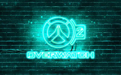 Logo Overwatch 2 turquoise, 4k, mur de briques turquoise, logo Overwatch 2, marques de jeux, logo n&#233;on Overwatch 2, Overwatch 2