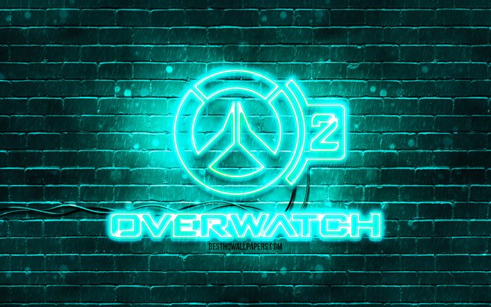 Overwatch 2 turkuaz logosu, 4k, turkuaz brickwall, Overwatch 2 logosu, oyun markaları, Overwatch 2 neon logosu, Overwatch 2