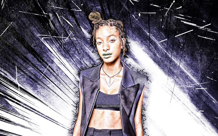 4k, Willow Smith, art grunge, chanteur am&#233;ricain, stars de la musique, c&#233;l&#233;brit&#233; am&#233;ricaine, Willow Camille Reign Smith, rayons abstraits violets, superstars, Willow Smith 4K