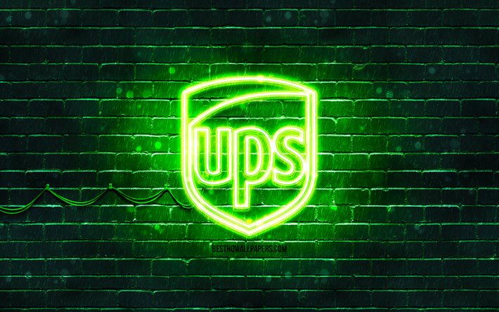 Logo vert UPS, 4k, mur de briques vert, logo UPS, marques, logo n&#233;on UPS, UPS