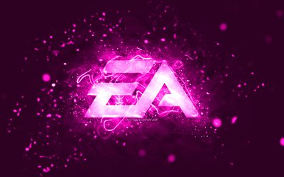 EA GAMES purple logo, 4k, Electronic Arts, purple neon lights, creative, purple abstract background, EA GAMES logo, online games, EA GAMES