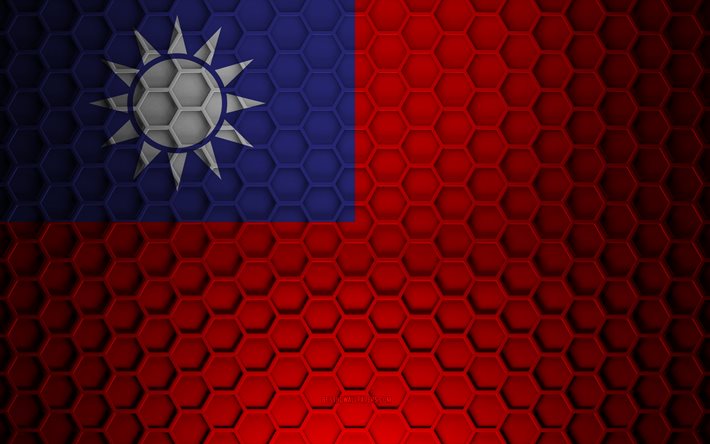 Bandiera di Taiwan, trama di esagoni 3d, Taiwan, trama 3d, bandiera di Taiwan 3d, trama di metallo, bandiera di Taiwan