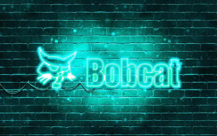 Logotipo Bobcat turquesa, 4k, parede de tijolos turquesa, logotipo Bobcat, marcas, logotipo Bobcat neon, Bobcat