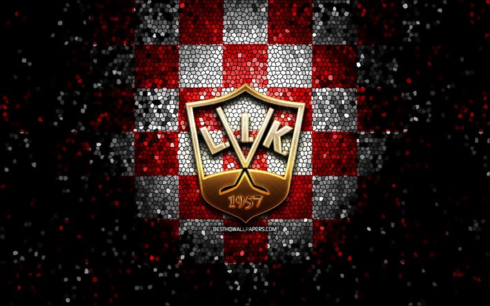 HC Lillehammer, logo glitterato, Fjordkraft-ligaen, sfondo a scacchi bianco rosso, hockey, Eliteserien, squadra di hockey norvegese, logo Lillehammer, arte del mosaico, Lillehammer, Norvegia, Lillehammer IK