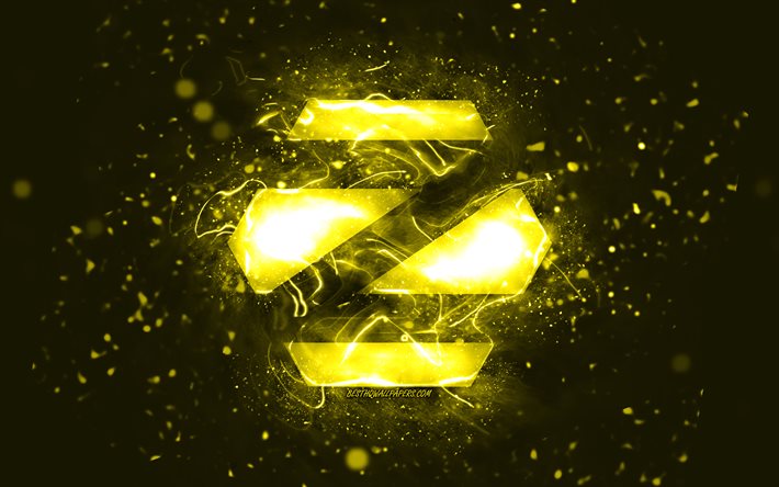 Zorin OS yellow logo, 4k, yellow neon lights, Linux, creative, yellow abstract background, Zorin OS logo, OS, Zorin OS