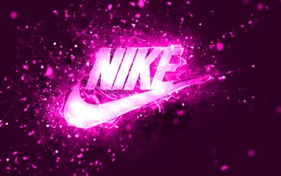ナイキパープルロゴ, 4k, 紫のネオンライト, creative クリエイティブ, 紫の抽象的な背景, ナイキのロゴ, ファッションブランド, ナイキ