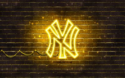 New York Yankees logo giallo, 4k, muro di mattoni giallo, New York Yankees logo, squadra di baseball americana, New York Yankees neon logo, NY Yankees, New York Yankees