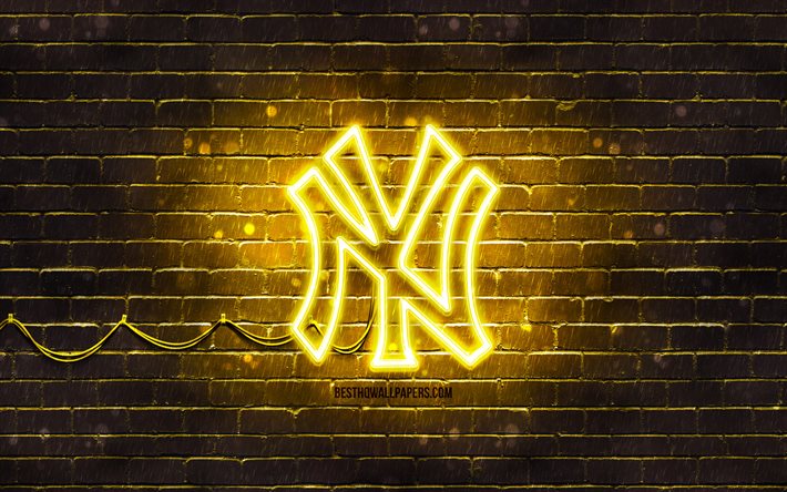 Logotipo amarelo do New York Yankees, 4k, parede de tijolos amarela, logotipo do New York Yankees, time americano de beisebol, logotipo em n&#233;on do New York Yankees, NY Yankees, New York Yankees