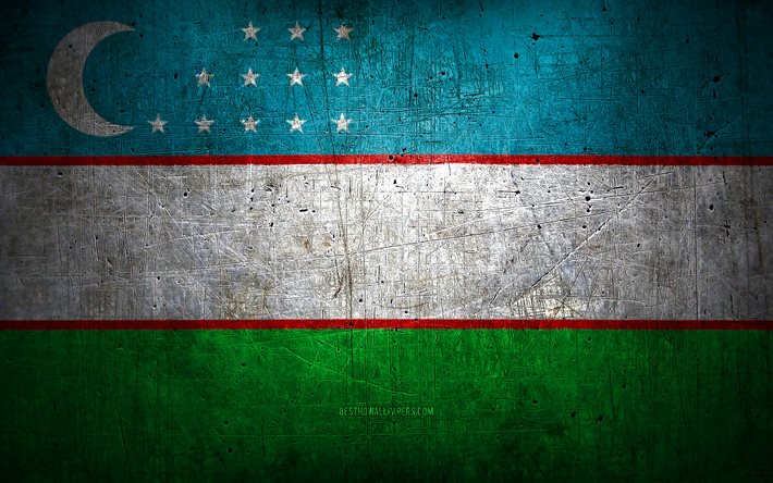 usbekische metallflagge, grunge-kunst, asiatische l&#228;nder, tag von usbekistan, nationale symbole, usbekische flagge, metallflaggen, flagge von usbekistan, asien, usbekistan