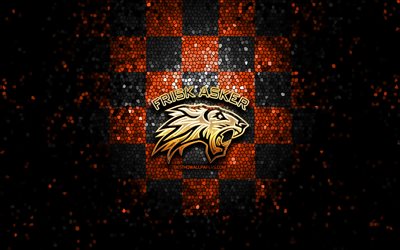 HC Frisk Asker, glitter-logo, Fjordkraft-ligaen, oranssi musta ruudullinen tausta, j&#228;&#228;kiekko, Eliteserien, norjalainen j&#228;&#228;kiekkojoukkue, Frisk Asker -logo, mosaiikkitaide, Norja, Frisk Asker Ishockey