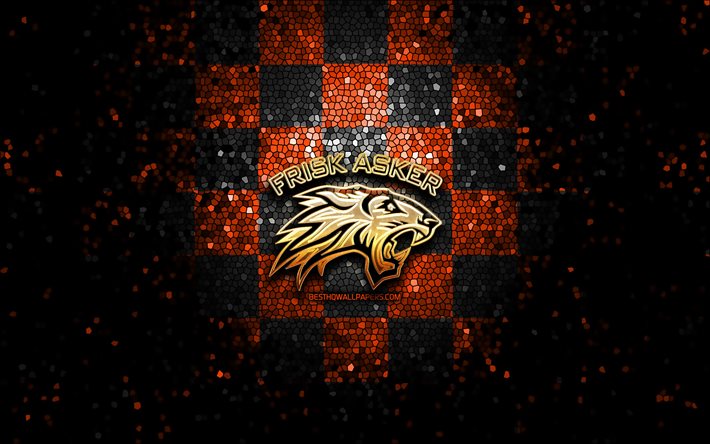 HC Frisk Asker, logotipo brilhante, Fjordkraft-ligaen, fundo laranja preto xadrez, h&#243;quei, Eliteserien, time noruegu&#234;s de h&#243;quei, logotipo Frisk Asker, arte em mosaico, Noruega, Frisk Asker Ishockey