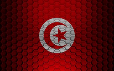 Tunisia flag, 3d hexagons texture, Tunisia, 3d texture, Tunisia 3d flag, metal texture, flag of Tunisia