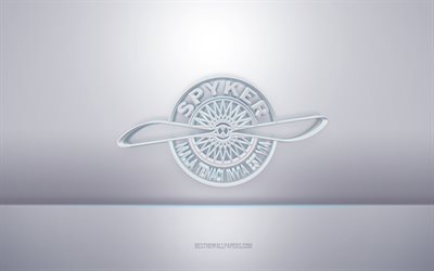 Spyker 3d white logo, gray background, Spyker logo, creative 3d art, Spyker, 3d emblem