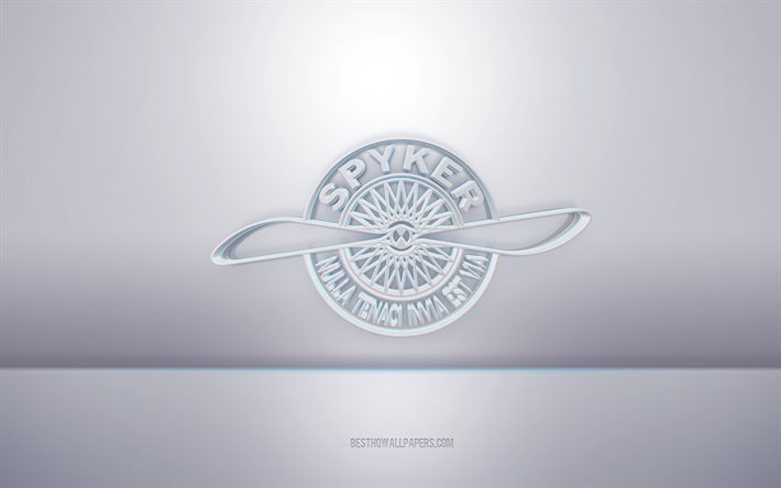 Spyker 3d beyaz logo, gri arka plan, Spyker logosu, yaratıcı 3d sanat, Spyker, 3d amblem