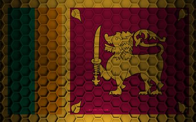 Sri Lanka flag, 3d hexagons texture, Sri Lanka, 3d texture, Sri Lanka 3d flag, metal texture, flag of Sri Lanka