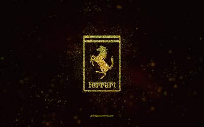 Ferrari glitter logo, 4k, black background, Ferrari logo, yellow glitter art, Ferrari, creative art, Ferrari yellow glitter logo