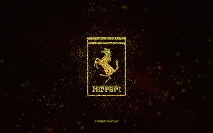 Ferrari glitter logotyp, 4k, svart bakgrund, Ferrari logotyp, gul glitter konst, Ferrari, kreativ konst, Ferrari gul glitter logotyp