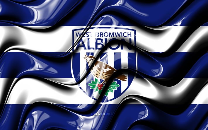 West Bromwich Albion bayrağı, 4k, mavi ve beyaz 3D dalgalar, EFL Şampiyonası, İngiliz Futbol Kul&#252;b&#252;, futbol, West Bromwich Albion logo, West Bromwich Albion FC