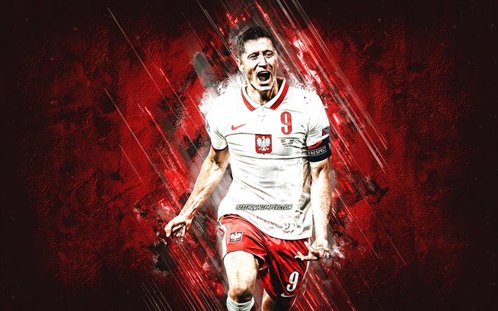 Robert Lewandowski, Poland national football team, Polish footballer, portrait, Lewandowski art, red stone background, football