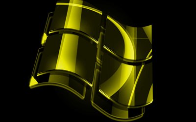 4k, Windowsの黄色のロゴ, 黄色の背景, OS, 窓ガラスのロゴ, アートワーク, Windows3Dロゴ, Windows