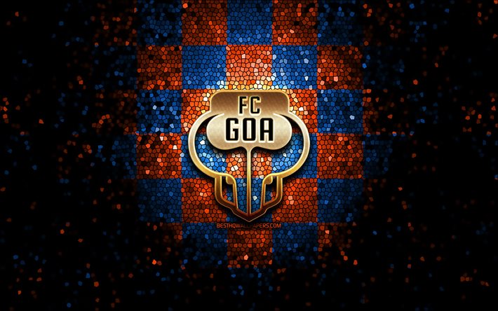 Goa FC, glitter logo, ISL, orange blue checkered background, soccer, indian football club, Goa FC logo, mosaic art, football, FC Goa, India