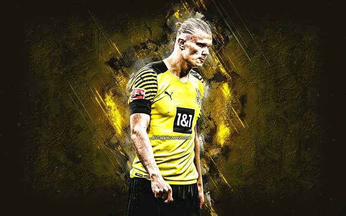 Erling Braut Haland, Borussia Dortmund, BVB, footballeur norv&#233;gien, portrait, Bundesliga, Allemagne, football, art grunge, fond de pierre jaune