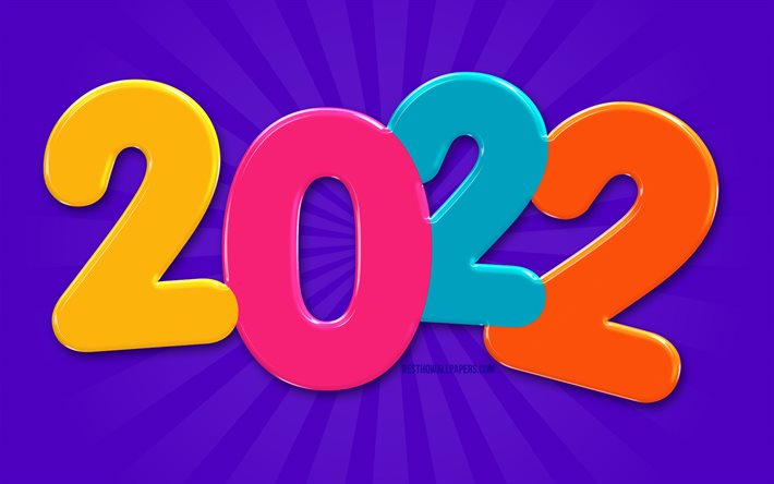 2022 cifre 3D colorate, 4k, Felice Anno Nuovo 2022, sfondo astratto viola, 2022 concetti, arte per bambini, 2022 capodanno, 2022 su sfondo viola, cifre dell&#39;anno 2022