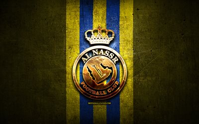 アル・ナスルFC, 金色のロゴ, サウジプロフェッショナルリーグ, 黄色の金属の背景, フットボール。, サウジアラビアサッカークラブ, Al-NassrFCロゴ, サッカー