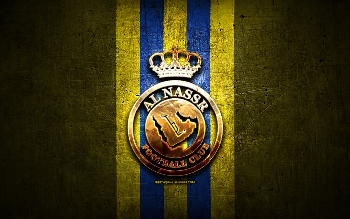 Al-Nassr FC, logotipo dourado, Liga Profissional da Ar&#225;bia, fundo de metal amarelo, futebol, Al Nassr FC, clube de futebol saudita, logotipo do Al-Nassr FC