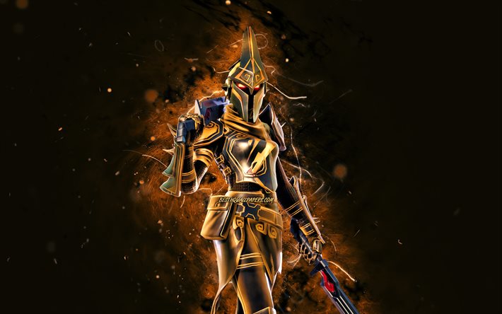 Exalted Gold Eternal Knight, 4k, brown neon lights, Fortnite Battle Royale, Fortnite characters, Exalted Gold Eternal Knight Skin, Fortnite, Exalted Gold Eternal Knight Fortnite