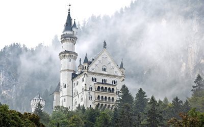 Il Castello di Neuschwanstein, in Germania, in Baviera, luoghi romantici, foresta