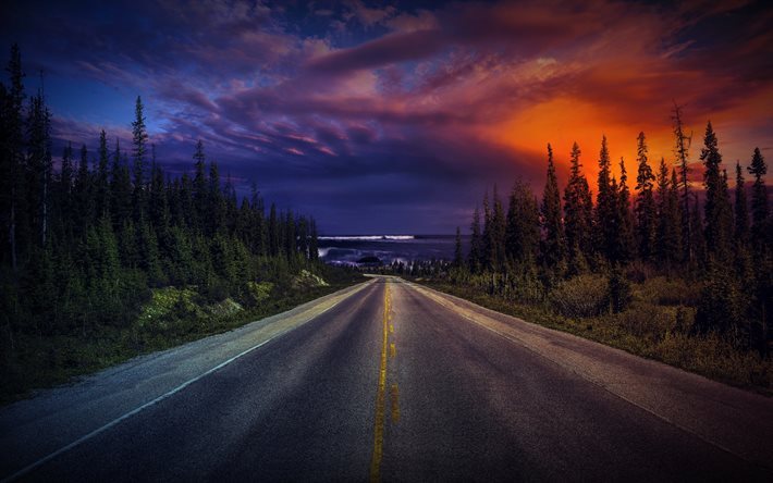 asphalt road, mountain, forest, USA, sunset