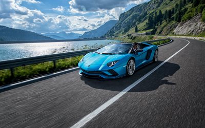 Lamborghini Aventador S Roadster, 4k, 2017 cars, supercars, blue Aventador, Lamborghini