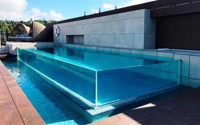 vidro piscina, elegante piscinas, moderno exterior da casa, piscina no quintal