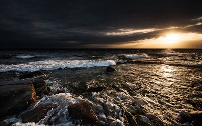 sunset, havet, kusten, v&#229;gor, kv&#228;ll, seascape