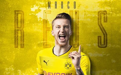 Borussia Dortmund, Marco Reus, art, face, portrait, yellow background, German footballer, BVB, Bundesliga, Germany